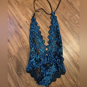 Blue and Black Lace Halter Bodysuit